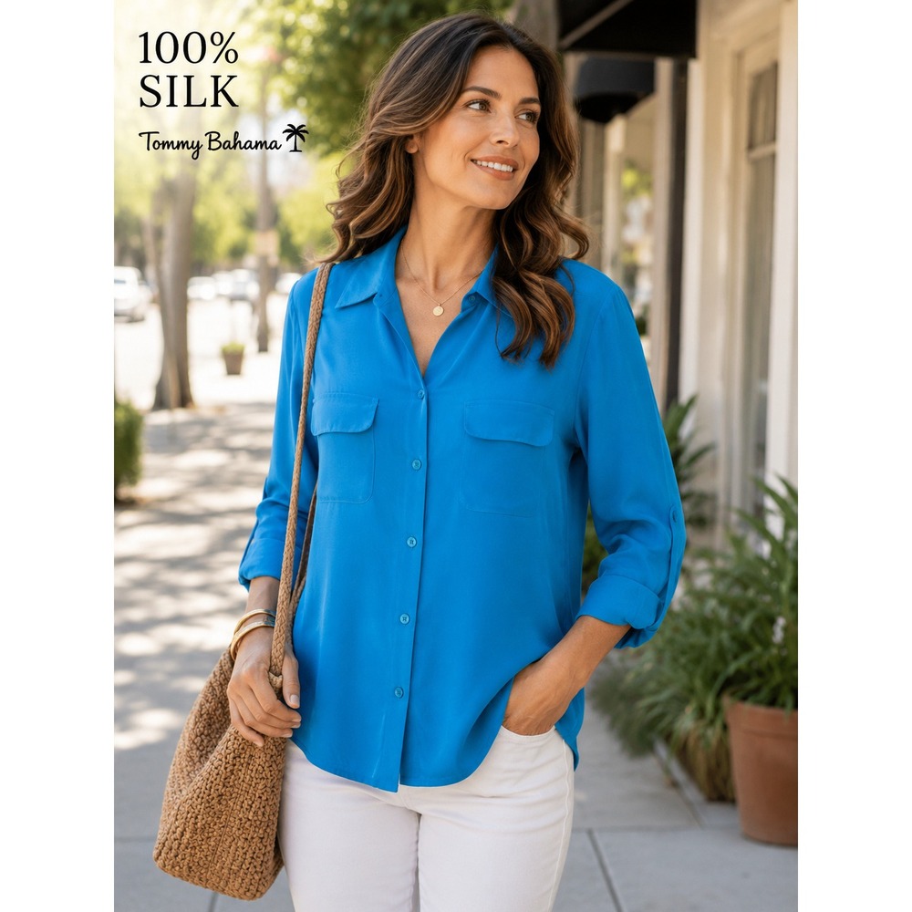 Tommy Bahama 100% Silk Utility Blouse Women M Blue Long Sleeve Pockets Safari